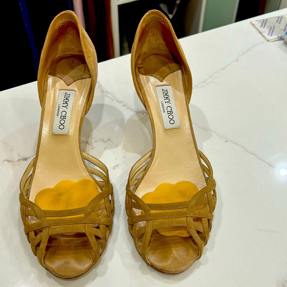Jimmy Choo mid-heel camel suede sandals.